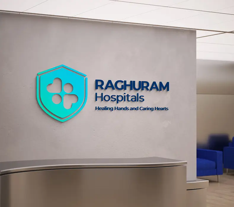 Healthcare logo design for RAGHURAM Hospitals featuring a shield with hearts, designed by Swaragh Technologies, the best logo design agency in Bangalore.
